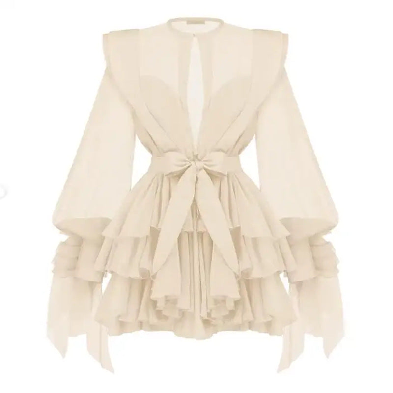 Lotus leaf edge lantern sleeve dress women's autumn new temperament elegant simple casual fashion beach skirt - Seldom Seen Styles