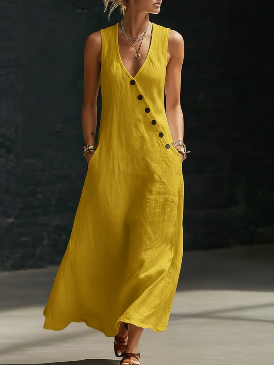 Women's V-Neck Cotton Linen Sleeveless Vest Maxi Dress Casual Summer Beach Vacation Boho Outfit - Seldom Seen Styles