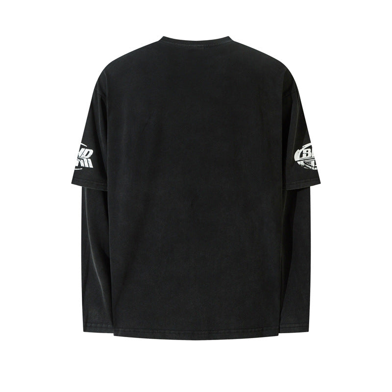 Women's American Washed Spray Paint Fake Two-Piece Long Sleeve T-Shirt Street Loose Unisex Casual Versatile Top | Spray Wash Tee