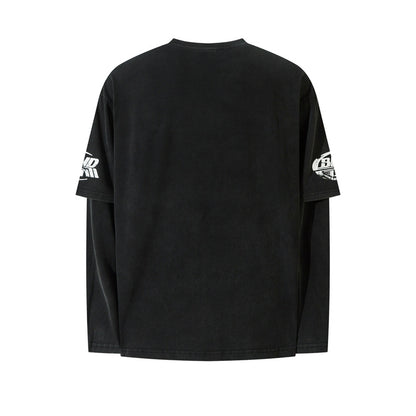 Women's American Washed Spray Paint Fake Two-Piece Long Sleeve T-Shirt Street Loose Unisex Casual Versatile Top | Spray Wash Tee