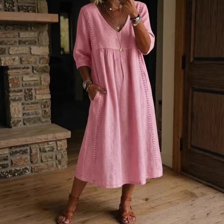Women's V-Neck Lace Trim Linen Cotton Dress Loose Casual Summer Beach Vacation Dress - Seldom Seen Styles