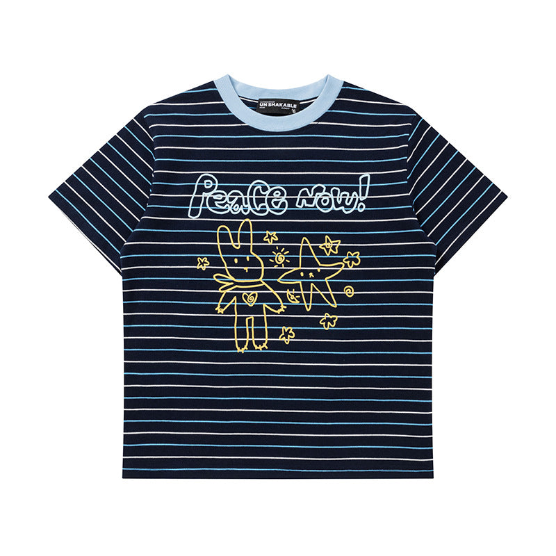 Peace Bunny Stripe Ringer T-Shirt Short Sleeve Crew Neck Casual Summer Cute Streetwear Tee | Peace Bunny Ringer