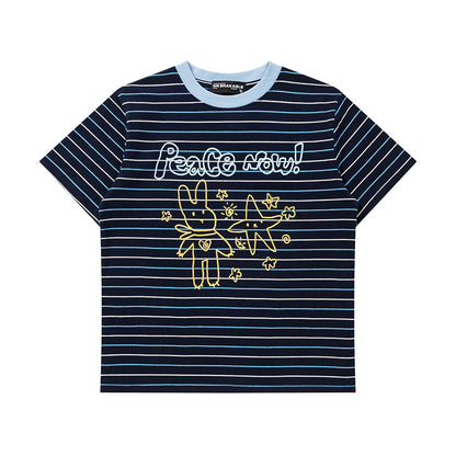 Peace Bunny Stripe Ringer T-Shirt Short Sleeve Crew Neck Casual Summer Cute Streetwear Tee | Peace Bunny Ringer