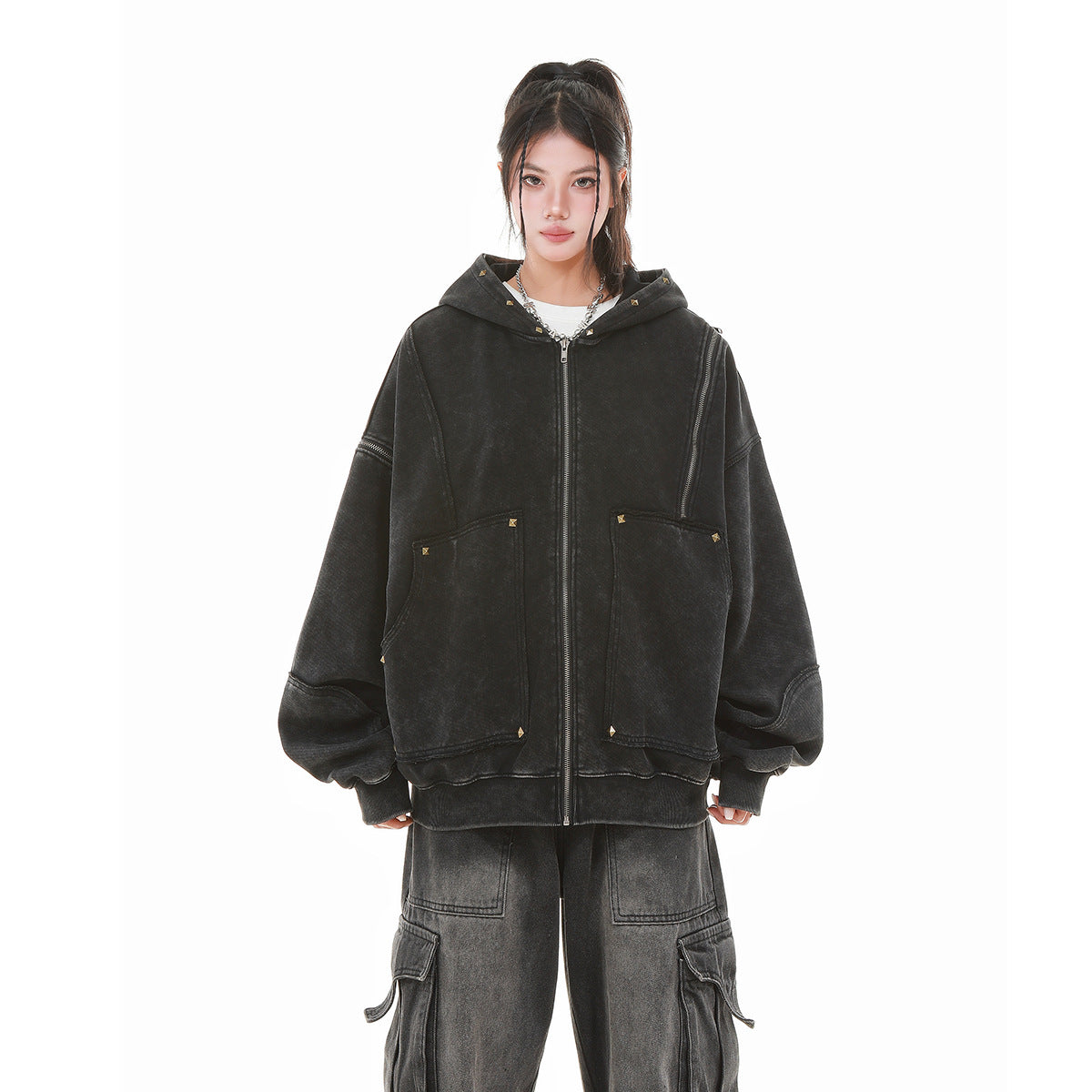 TALISHKO / SUPERMADE Street Washed Distressed Stitching Rivet Hooded Jacket