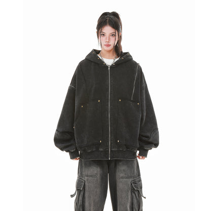 TALISHKO / SUPERMADE Street Washed Distressed Stitching Rivet Hooded Jacket