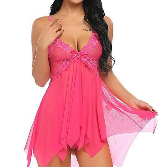 Women's Sheer Lace Babydoll Lingerie Set Deep V Neck Mesh Chemise Nightgown Sexy Sleepwear with Matching Thong - Seldom Seen Styles