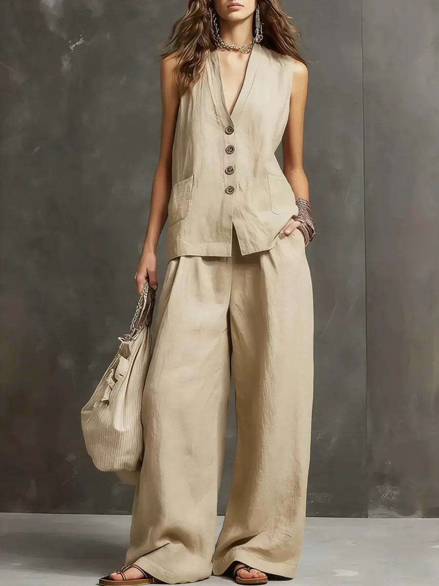 Women's Sleeveless Vest Wide Leg Pants Linen Two Piece Set Summer Casual Vacation Outfit - Seldom Seen Styles
