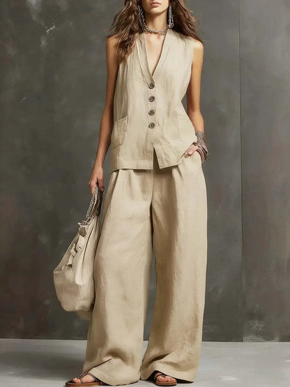 Women's Sleeveless Vest Wide Leg Pants Linen Two Piece Set Summer Casual Vacation Outfit