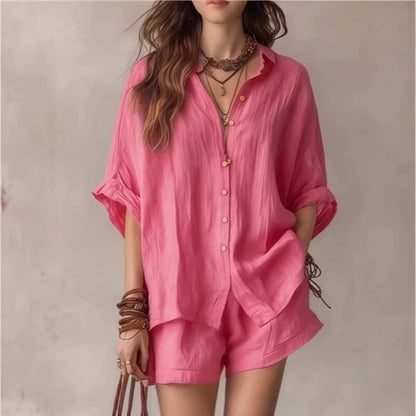 Women's Solid Color Loose Button Shirt Shorts Two Piece Set Casual Summer Outfit Fashion Suit
