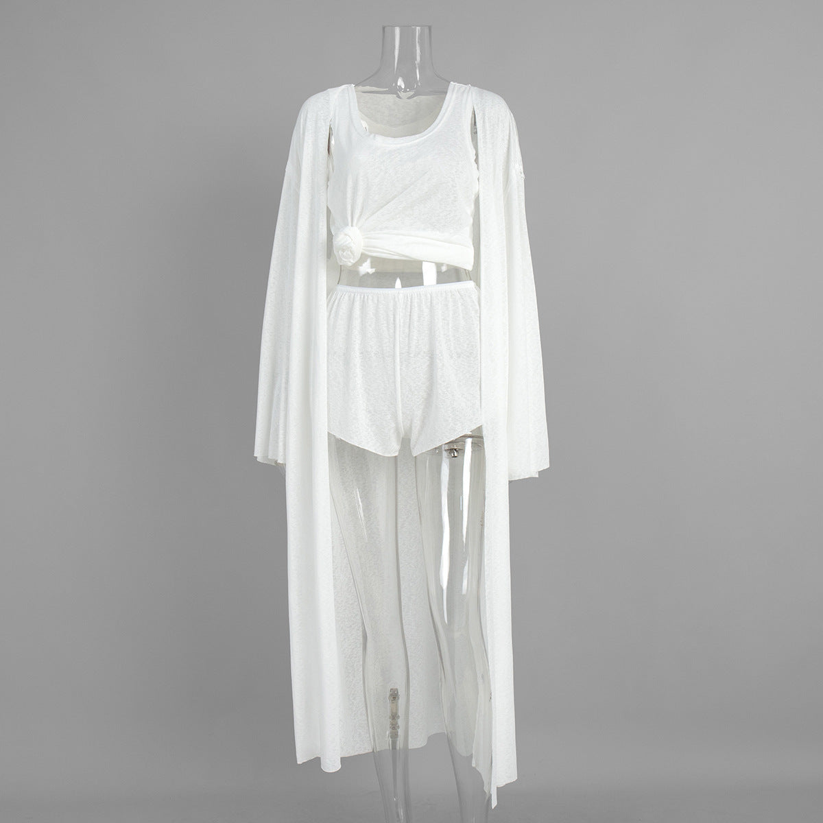 White robe vest shorts three-piece autumn new translucent beachwear casual suit - Seldom Seen Styles