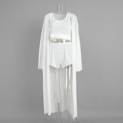 White robe vest shorts three-piece autumn new translucent beachwear casual suit