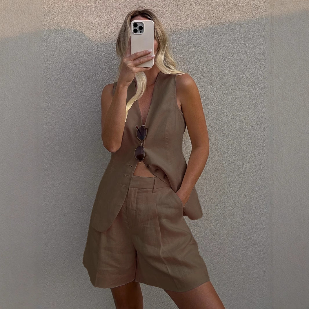 Cotton and linen vest shorts set 2025 summer new commuter vest + shorts suit casual suit for women - Seldom Seen Styles