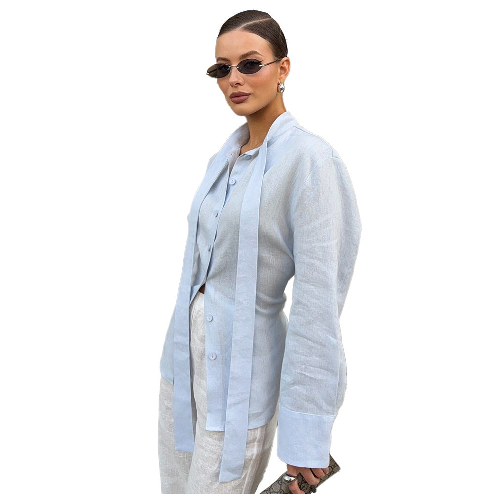 Strap-on shirt women's  autumn new streamer cardigan top commuter pure cotton slim-fit shirt women - Seldom Seen Styles