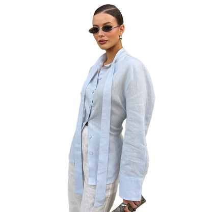 Strap-on shirt women's  autumn new streamer cardigan top commuter pure cotton slim-fit shirt women