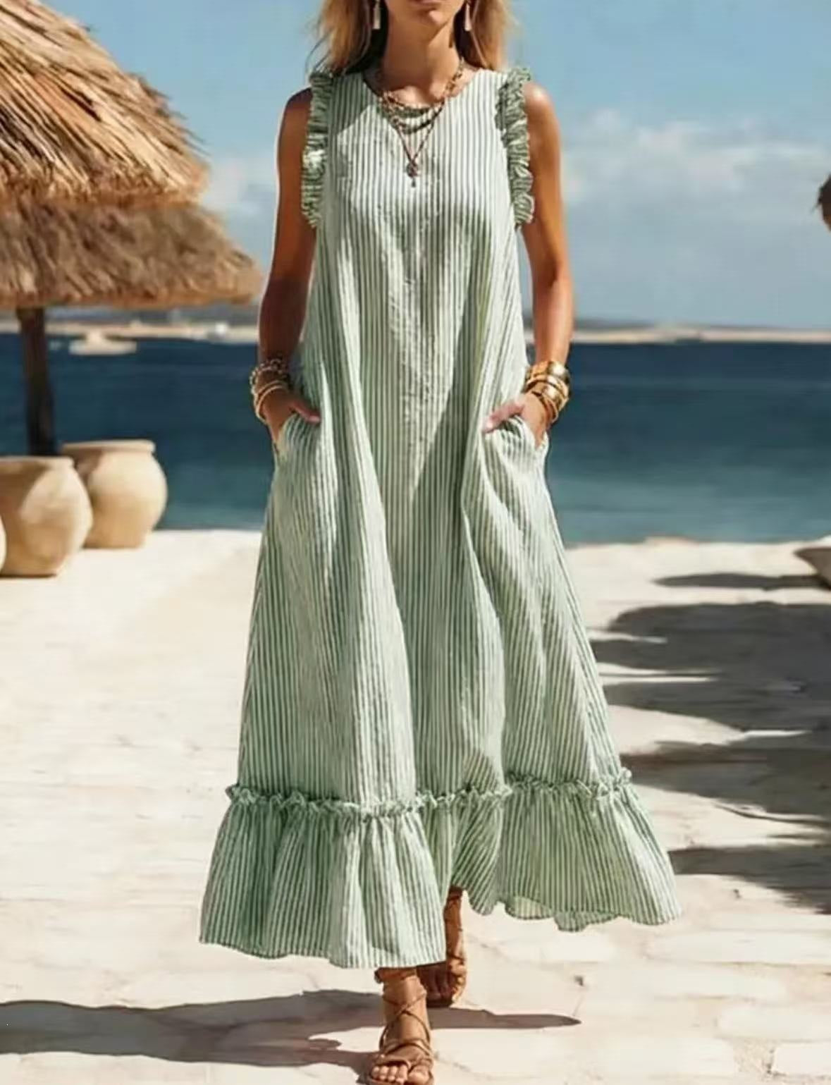 Women's Striped Sleeveless Ruffle Hem Loose Dress Casual Summer Beach Vacation Midi Dress - Seldom Seen Styles