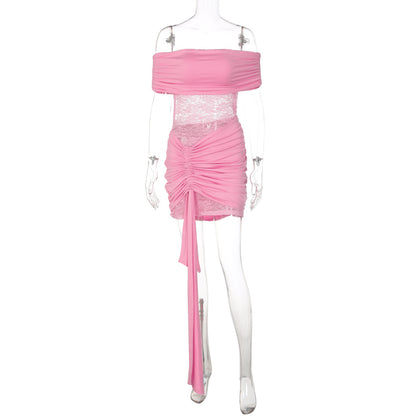 Spitzenkleid sexy Bandeau-Top One-Shoulder-Ausschnitt Spleißen Perspektive Hüftriemen kurzer Rock Damenbekleidung