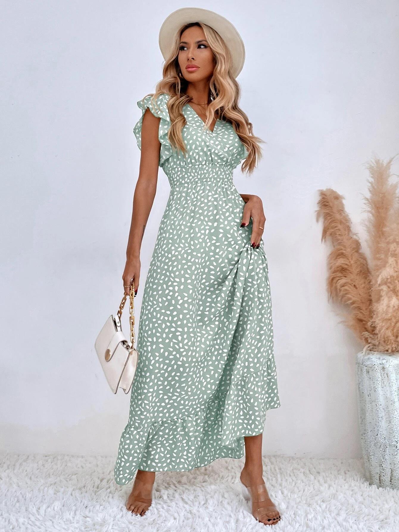 Women's Floral Maxi Dress V Neck Ruffle Sleeve Elegant Summer Dress - Seldom Seen Styles