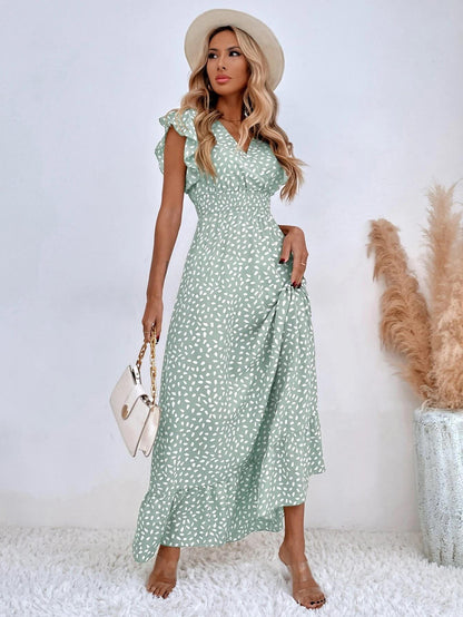 Women's Floral Maxi Dress V Neck Ruffle Sleeve Elegant Summer Dress