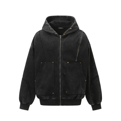 TALISHKO / SUPERMADE Street Washed Distressed Stitching Rivet Hooded Jacket