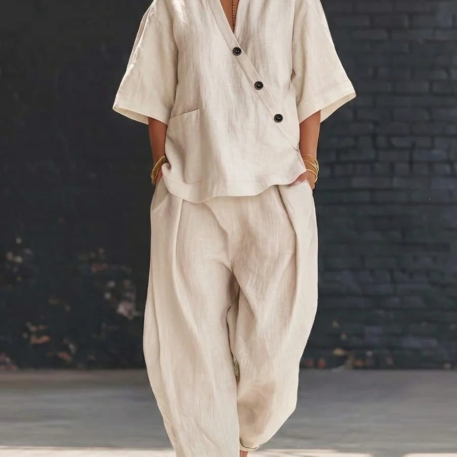 Women's V Neck Loose Short Sleeve Top High Waist Wide Leg Pants Two Piece Set Summer Casual Outfit - Seldom Seen Styles
