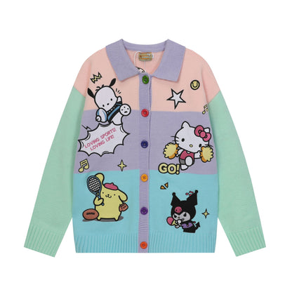 Color Block Embroidery Hello Kitty Knit Sweater Cardigan Unisex Loose Fit Cartoon Teen Streetwear Jacket | Stripe KT