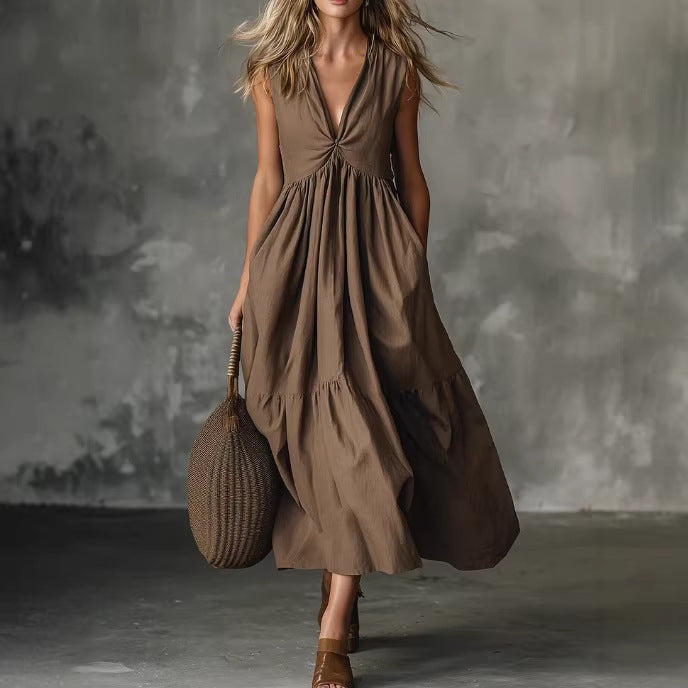 Women's Solid Color Sleeveless V-Neck Dress Elegant Casual Summer Vacation Midi Dress - Seldom Seen Styles