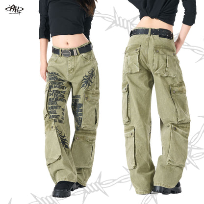Multi-Pocket Distressed Digital Print Washed Heavyweight Jeans Vintage American Workwear Trendy Casual Denim Trousers | Pocket Print