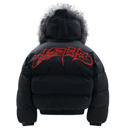 Women's High Street Letter Embroidery Removable Fur Collar Puffer Jacket Warm Oversized Winter Cotton Coat Unisex | Fur Collar Puffer