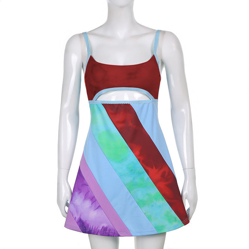Women's Color Block Mini Dress Backless Spaghetti Strap Cut Out Party Dress - Seldom Seen Styles