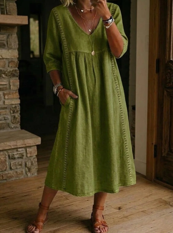 Women's V-Neck Lace Trim Linen Cotton Dress Loose Casual Summer Beach Vacation Dress - Seldom Seen Styles