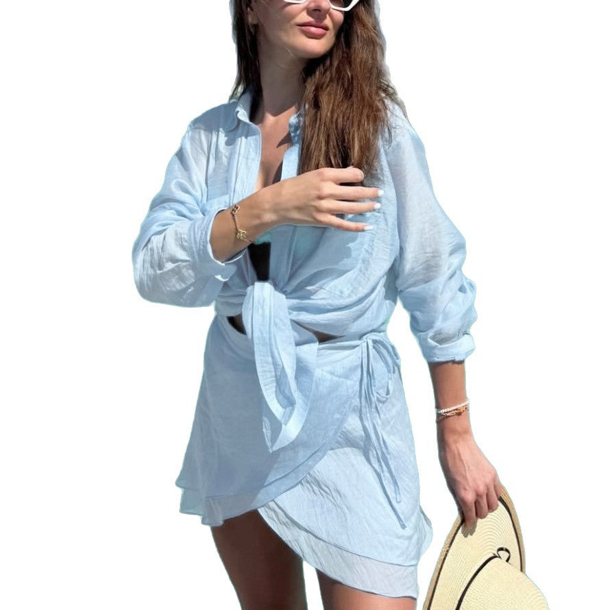 Summer new beach sunscreen shirt seaside casual vacation skirt swimsuit outer blouse shirt set