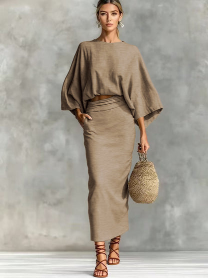 Women's Linen Blend Batwing Sleeve Top and Maxi Skirt Set Elegant Two Piece Matching Outfit