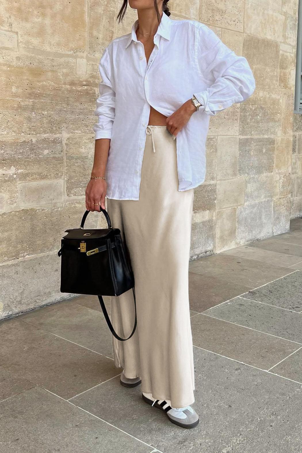 Satin High-Waisted Drawstring Belt Solid Color Midi Skirt - Seldom Seen Styles