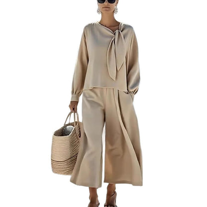 Women's Solid Color Long Sleeve Top Trousers Two Piece Set Fall Casual Chic Outfit Plus Size