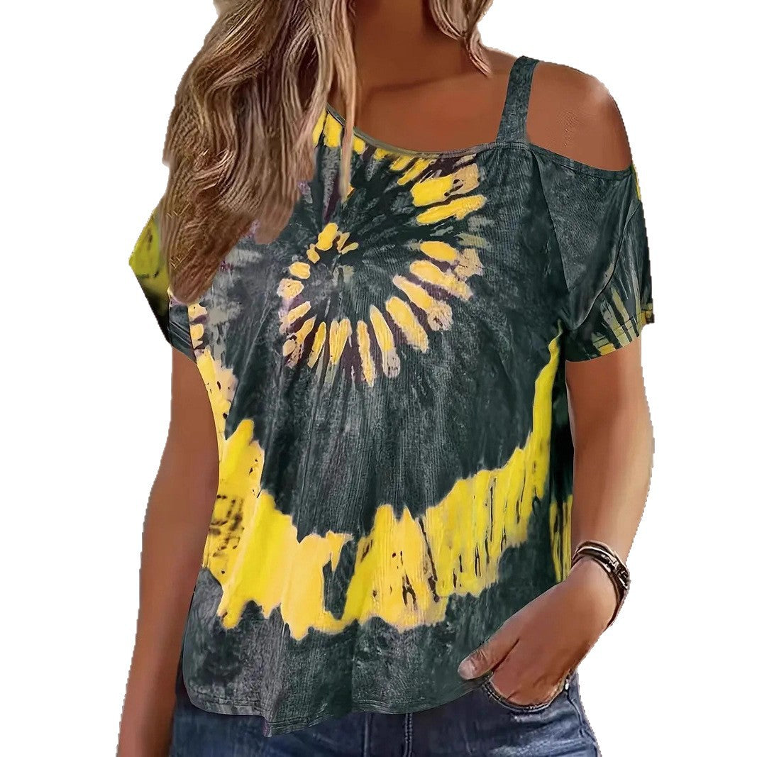 Women's Tie Dye Cold Shoulder T Shirt Casual Loose Fit Short Sleeve Top Summer Plus Size Blouse