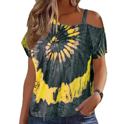 Women's Tie Dye Cold Shoulder T Shirt Casual Loose Fit Short Sleeve Top Summer Plus Size Blouse