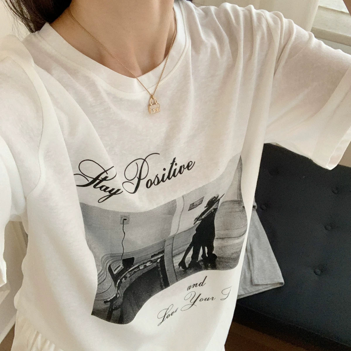 Vintage Photo Graphic T-Shirt – “Stay Positive” Aesthetic Casual Oversized Tee - Seldom Seen Styles