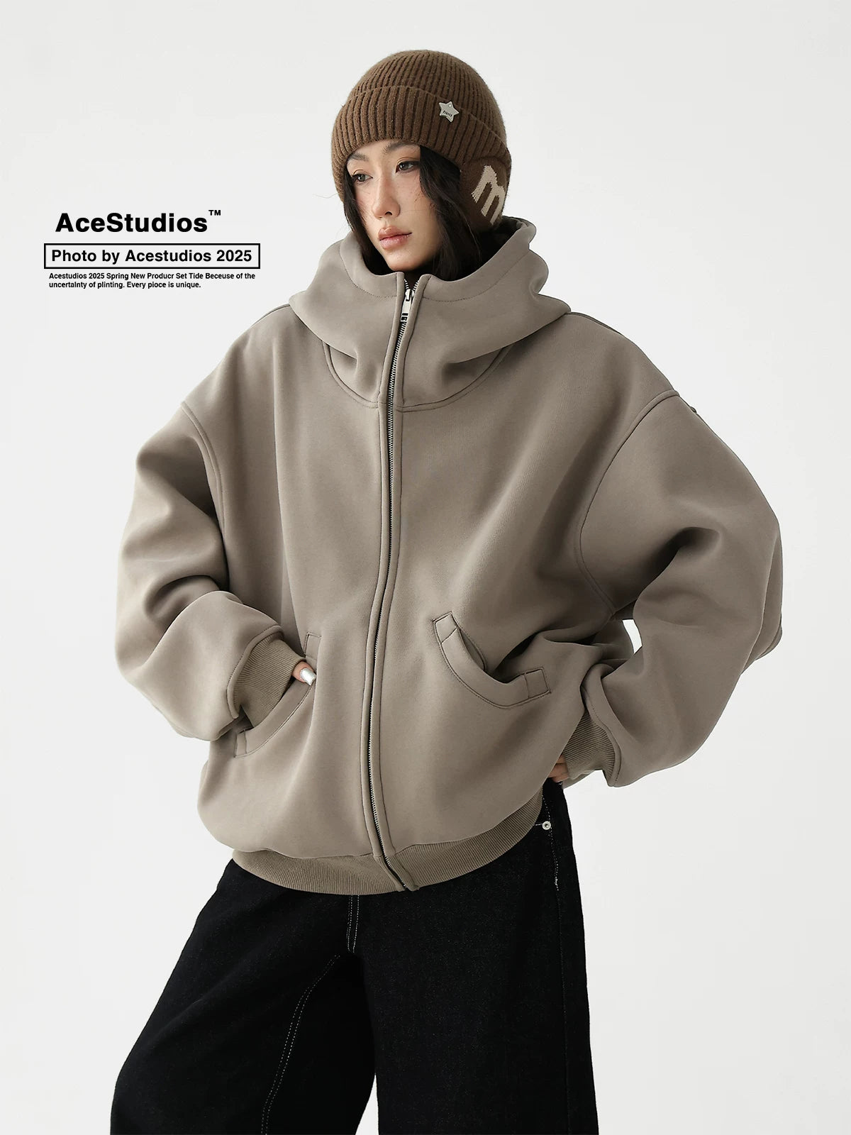 Acestudios trendy brand retro street lazy wind loose hooded cardigan thickened sweater jacket women