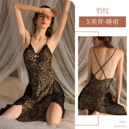 Women's Leopard Print Satin Nightgown French Lace Slip Dress Sexy Spaghetti Strap Sleepwear Maxi Nightdress with Matching Robe