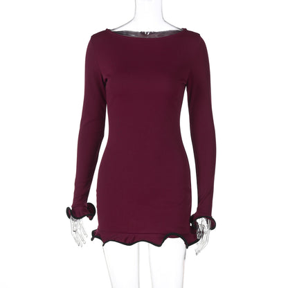 Sexy enger kurzer Rock Rüschensaum Kleid gekräuselter Strickrock Langarm einfarbig Damen Sommerkleid