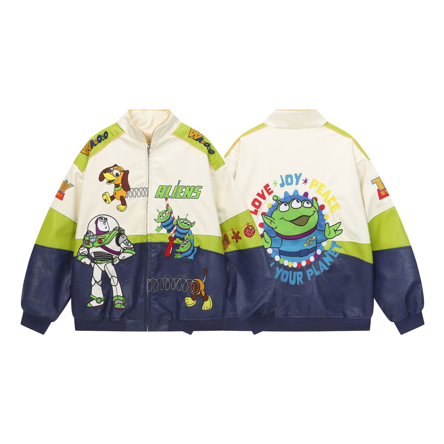 Cartoon Embroidered PU Leather Jacket Contrasting Color Splicing Loose Fit Couple Casual Streetwear Trendy Outerwear | Toon Leather Jacket