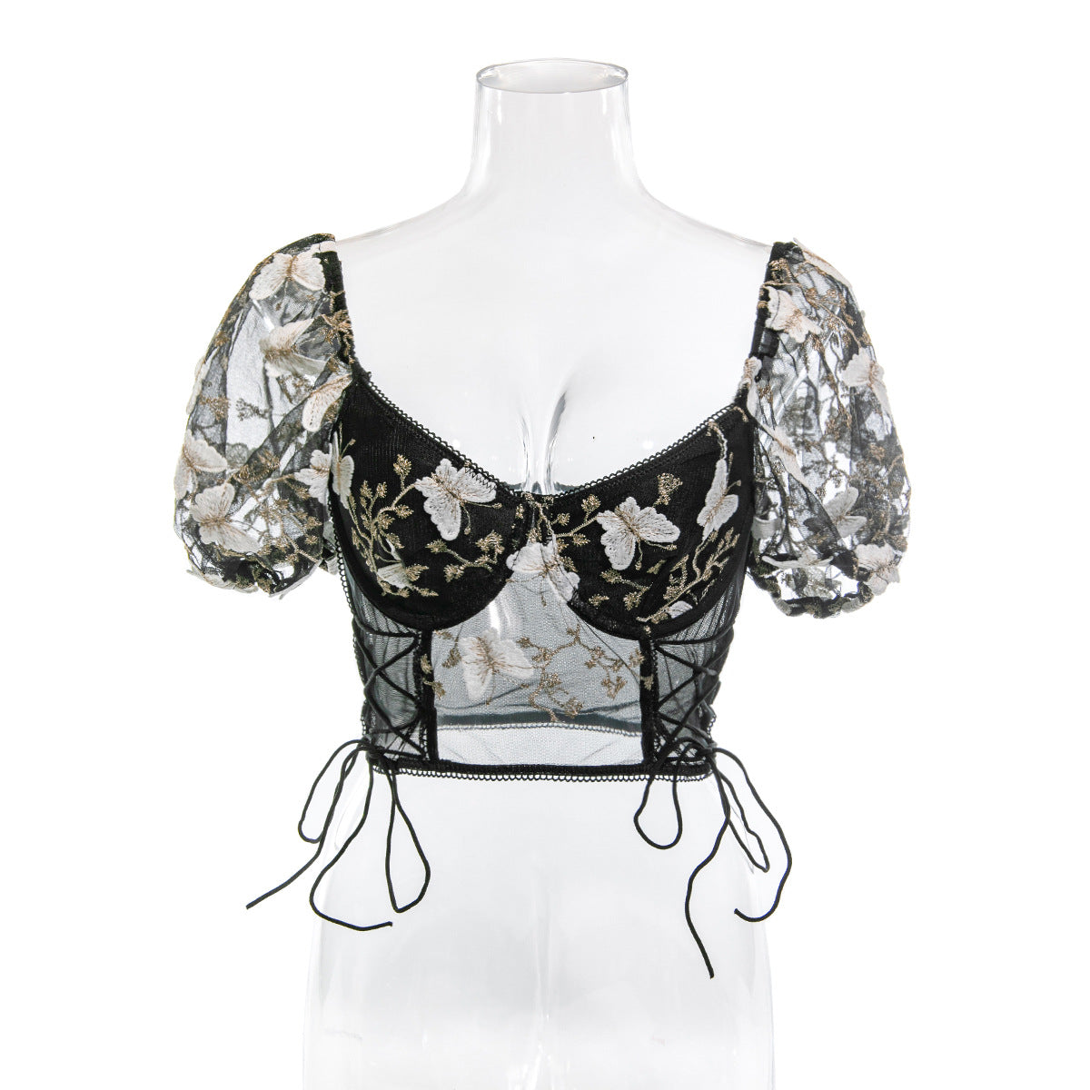 Embroidery Sweetheart Neck Short Sleeve Lace Trim Blouse - Seldom Seen Styles