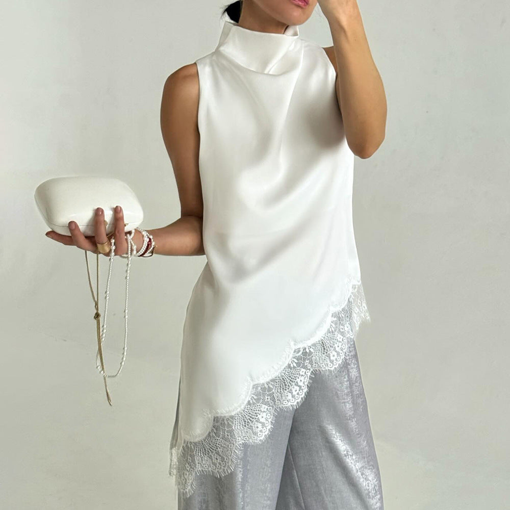 Lace lace turtleneck vest summer new irregular vest satin sleeveless top women - Seldom Seen Styles
