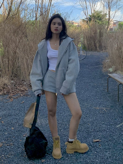 520G  retro top jacket oversize cardigan hooded sweater women loose lazy wind