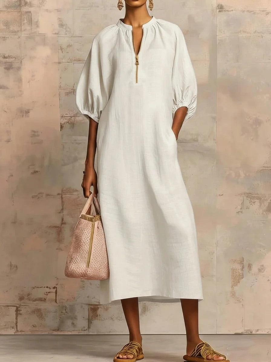 Women's Cotton Linen Midi Dress Puff Sleeve Loose Fit Casual Summer Dress V Neck Boho Maxi Dress with Pockets - Seldom Seen Styles