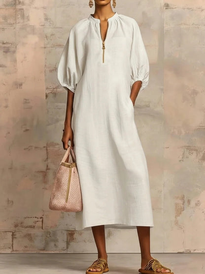Women's Cotton Linen Midi Dress Puff Sleeve Loose Fit Casual Summer Dress V Neck Boho Maxi Dress with Pockets