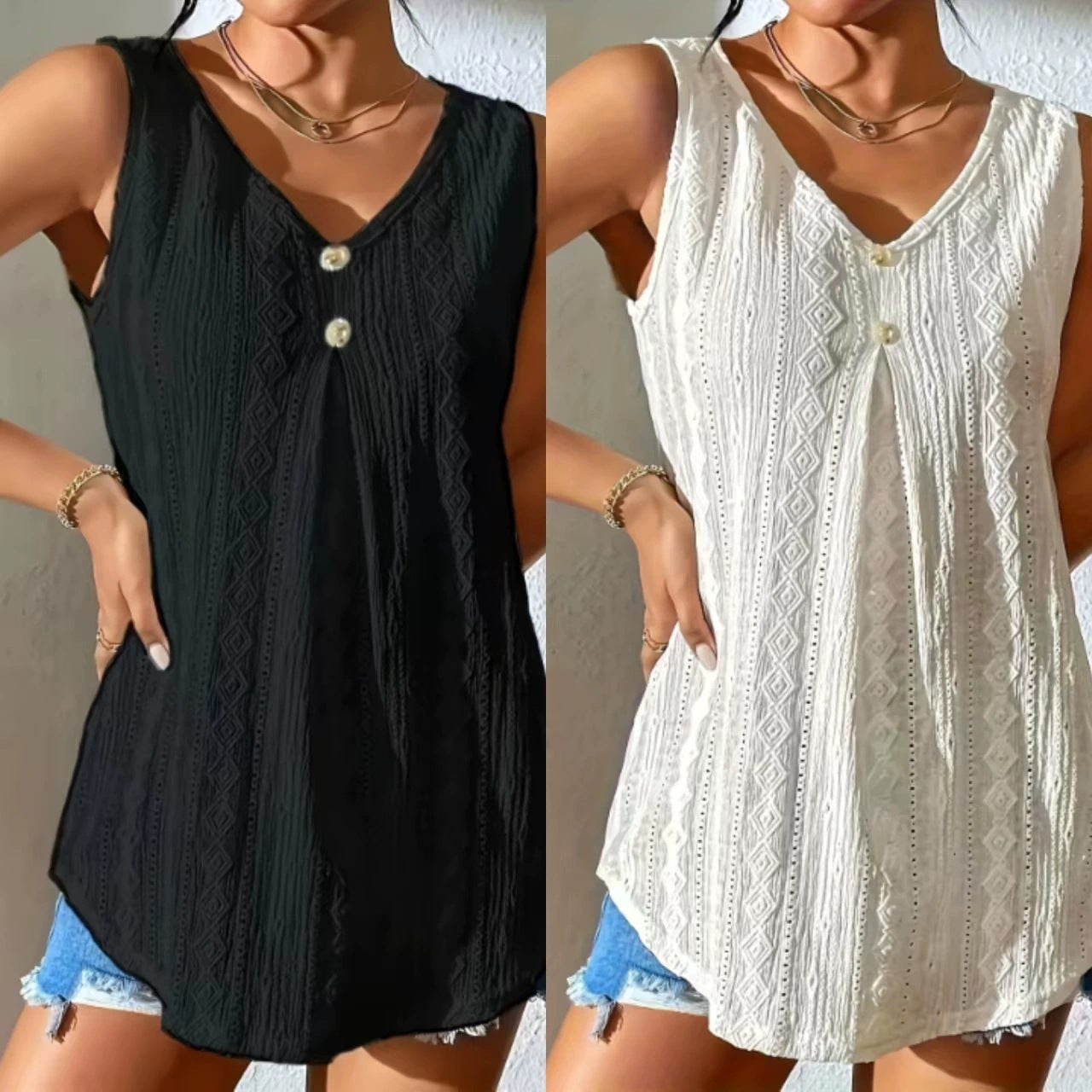 Women's Sleeveless V Neck Lace Tank Top Button Front Boho Blouse Loose Fit Summer Tunic Top