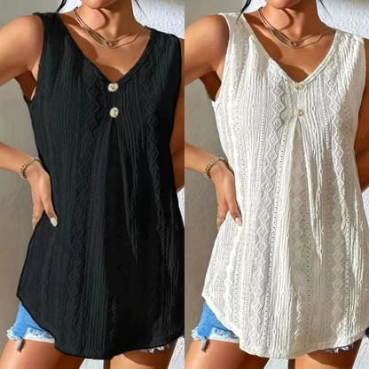 Women's Sleeveless V Neck Lace Tank Top Button Front Boho Blouse Loose Fit Summer Tunic Top