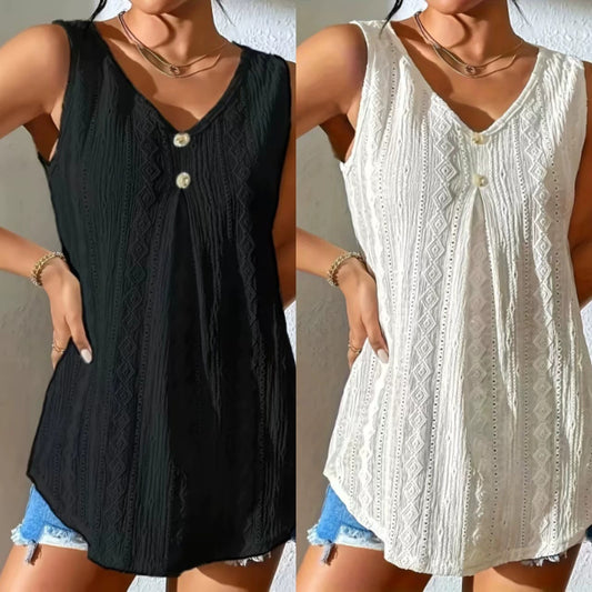 Women's Sleeveless V Neck Lace Tank Top Button Front Boho Blouse Loose Fit Summer Tunic Top
