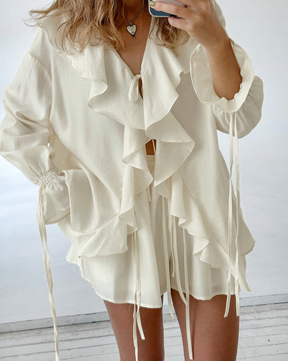Ensemble Décontracté Top Uni Volanté à Lacets et Short Ample à Taille Élastique avec Poches